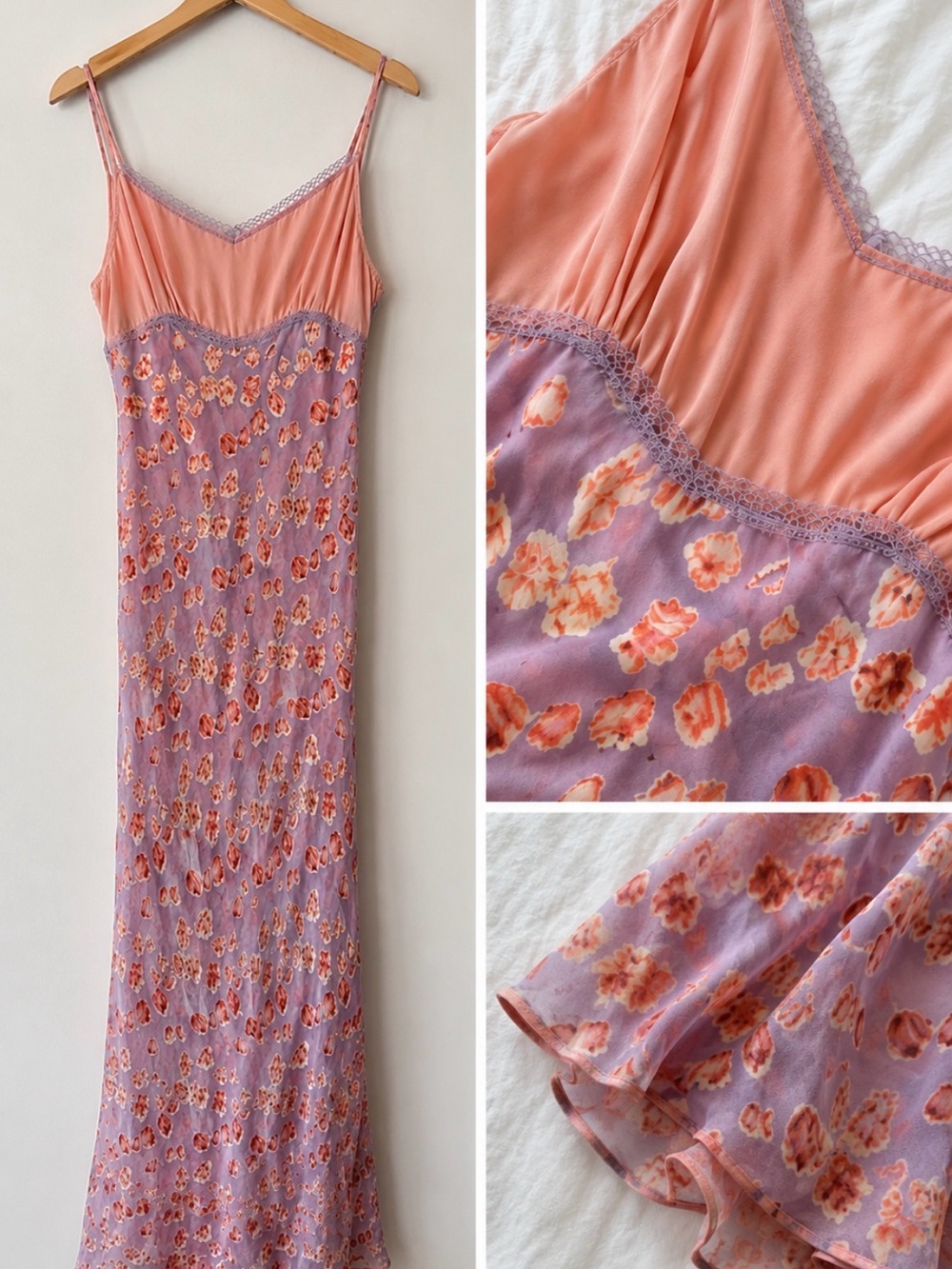 Silk Blend Vintage Floral Rose Nightgown Slip Dress Pink Red Purple y2k 90s